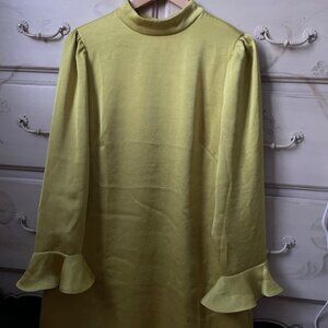 Ann Taylor chartreuse satin dress with ruffle sleeves